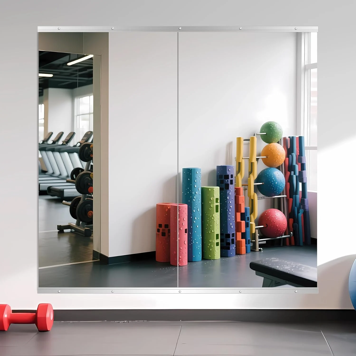 Espejo de cuerpo entero sin marco instalado en gimnasio · fotografía de referencia 1
