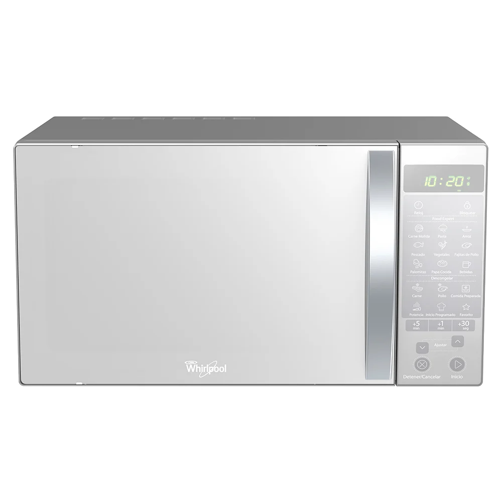 Horno de microondas plateado · fotografía comercial de referencia 1